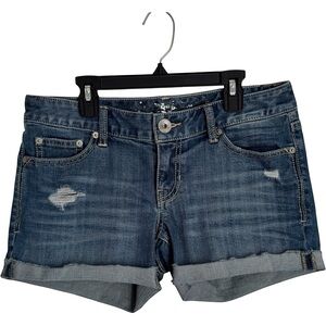 Express Distressed Blue Jean Cuffed Denim Shorts Pockets Women’s 4 Stretch